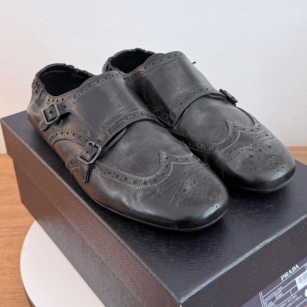 Prada 2EG469 Mens Leather Double Monk Strap Wingtip Shoes Grey Black UK 8